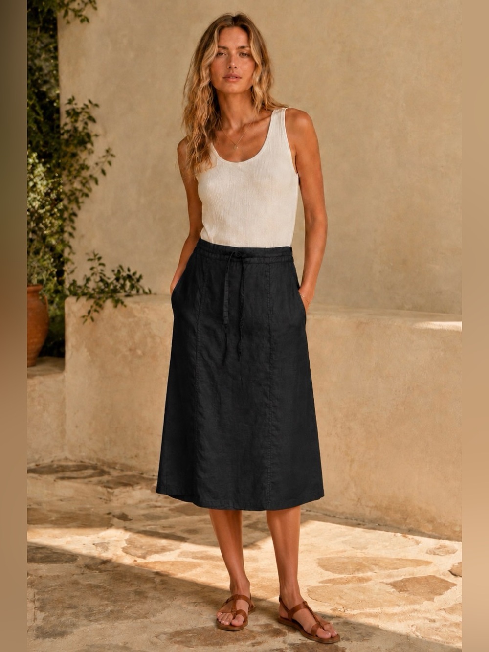 100% Linen Black A-Line Midi Skirt Tie Waist Size 10